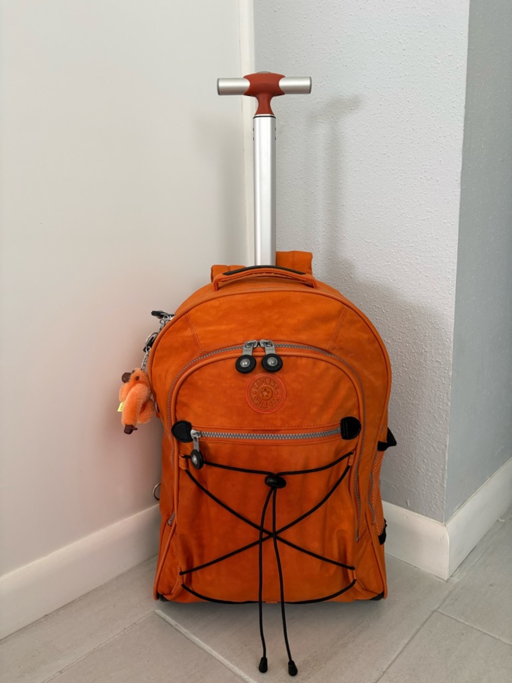 Kipling Bright Orange Rolling Travel Backpack with Trolley Handle
